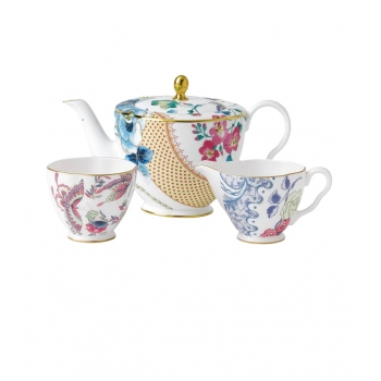 Сет Wedgwood с цветя, пеперуди и злато – чайник, захарница, каничка