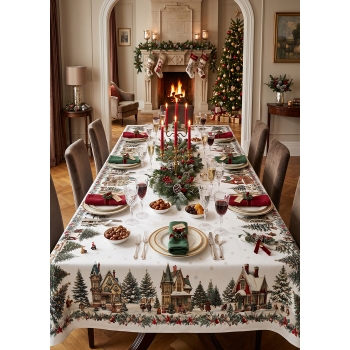 Коледна ленена покривка с малки къщички Happy Holidays