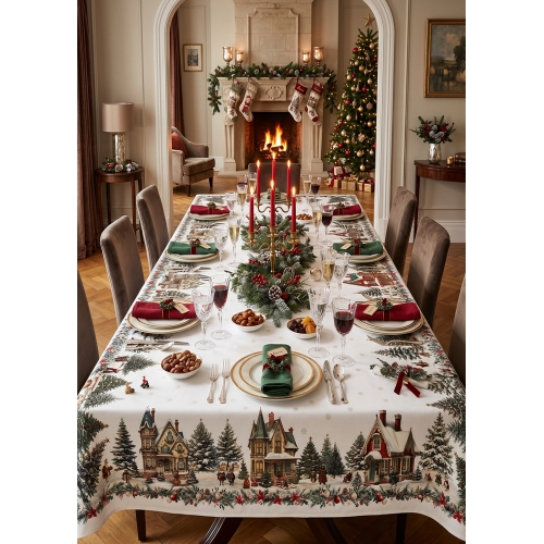 Коледна ленена покривка с малки къщички Happy Holidays